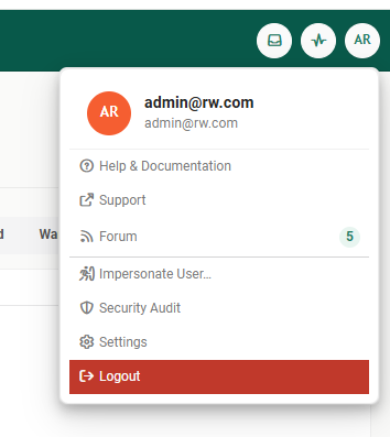 The account menu open, showing admin@rw.com at the top, then Help and Documentation, Support, Forum with a count badge, Impersonate User, Security Audit, Settings and Logout