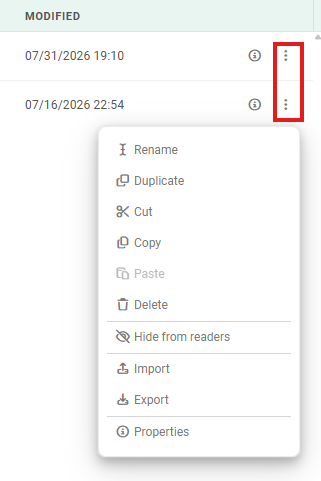 The row overflow menu open, listing Rename, Duplicate, Cut, Copy, Paste, Delete, Hide from readers, Import and Export, and Properties