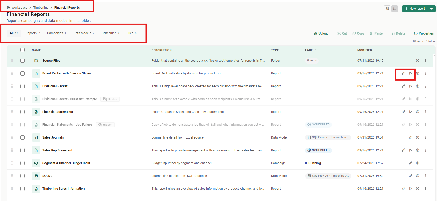The Financial Reports folder, with the Workspace / Timberline / Financial Reports breadcrumb outlined in red, the filter chips now carrying counts of 10, 7, 1, 2 and 2 outlined in red, and the pencil and play icons outlined in red on the Board Packet with Division Slides row