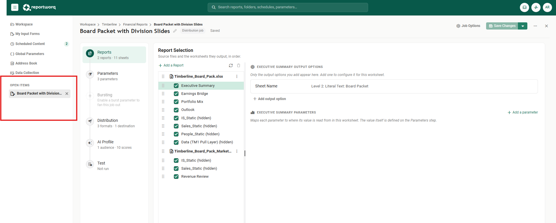 The Board Packet with Division Slides job editor, with a new Open Items section outlined in red in the left rail beneath the navigation entries, holding the open job, and the job's steps listed down the left of the editor: Reports, Parameters, Bursting, Distribution, AI Profile and Test