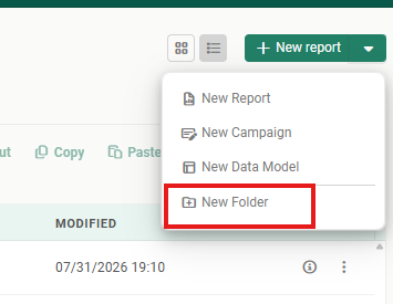 The New report split button with its menu open, listing New Report, New Campaign, New Data Model and, below a separator, New Folder, which is outlined in red