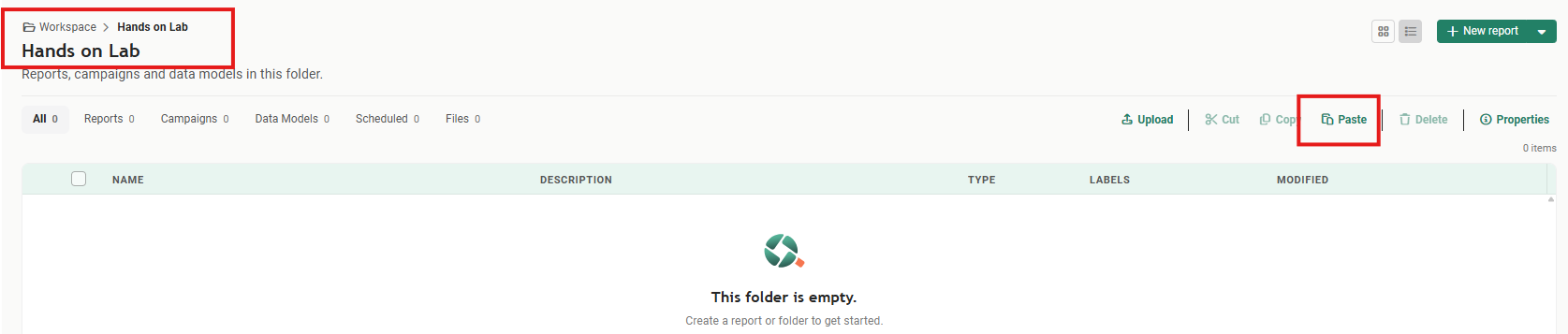The empty Hands on Lab folder, with the breadcrumb Workspace, Hands on Lab outlined in red and the Paste button outlined in the toolbar