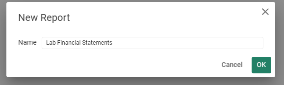 The New Report dialog with Lab Financial Statements in the Name box