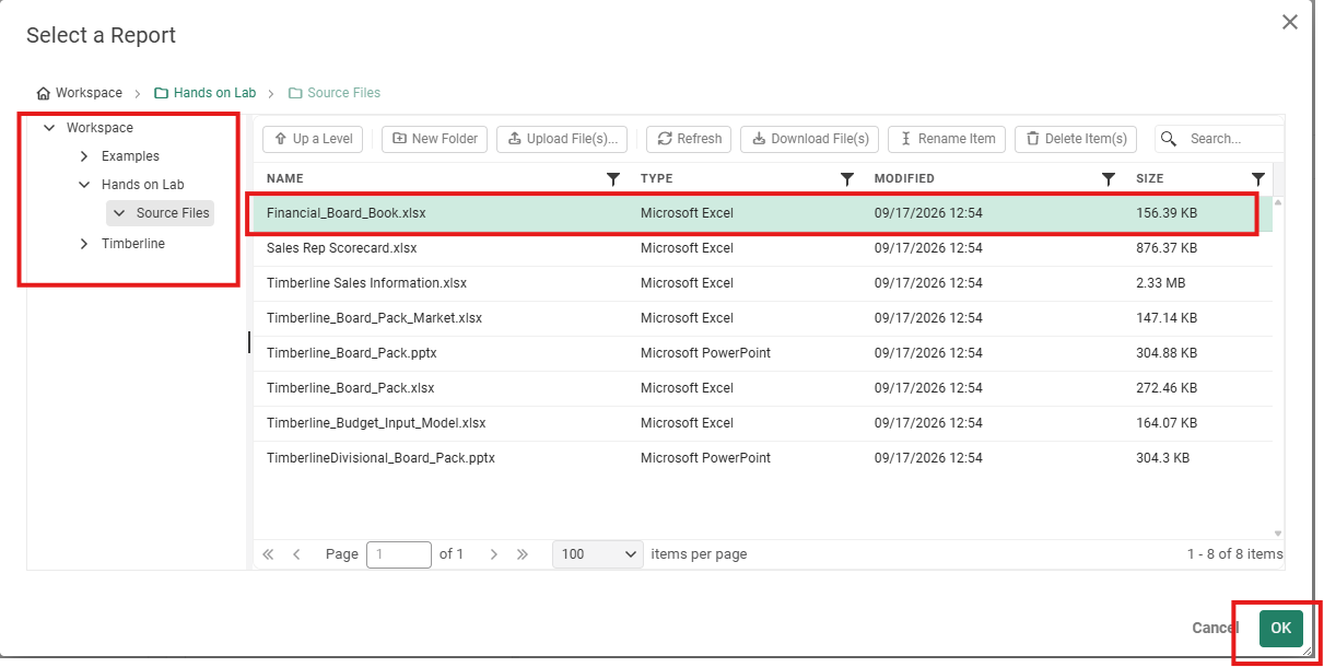 The Select a Report dialog with the Workspace tree on the left expanded to Hands on Lab, Source Files and outlined in red, the eight source files listed on the right with Financial_Board_Book.xlsx highlighted and outlined, and the OK button outlined