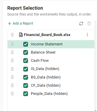 The Report Selection panel with Financial_Board_Book.xlsx and its seven worksheets ticked: Income Statement, Balance Sheet, Cash Flow, and IS_Data, BS_Data, CF_Data and People_Data, each marked hidden