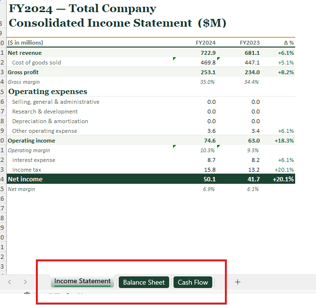 The downloaded workbook open in Excel on the FY2024 Total Company Consolidated Income Statement, with the three visible tabs Income Statement, Balance Sheet and Cash Flow outlined in red along the bottom