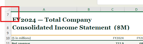 The top of the Income Statement in Excel with the row headers starting at 7, the hidden rows above it, and the corner of the row header outlined in red