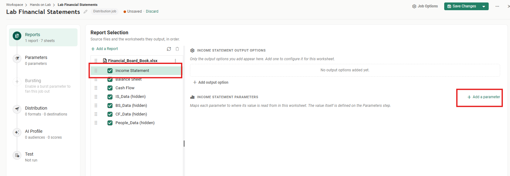 The Reports step with Income Statement selected and outlined in the Report Selection panel, and the Add a parameter link outlined at the right of the Income Statement Parameters section
