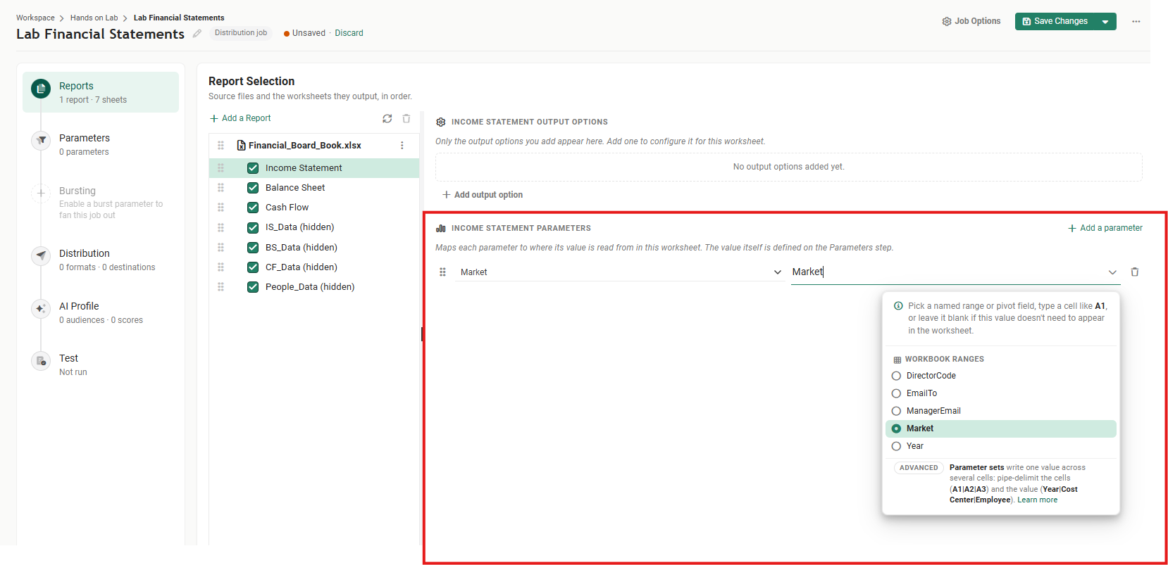 The Income Statement Parameters section outlined in red, with a row reading Market on the left and Market being typed on the right, and the location picker open below it listing the workbook ranges DirectorCode, EmailTo, ManagerEmail, Market and Year with Market selected