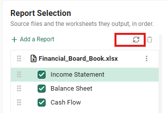 The top of the Report Selection panel with the Reload Reports refresh icon outlined in red beside the Add a Report link