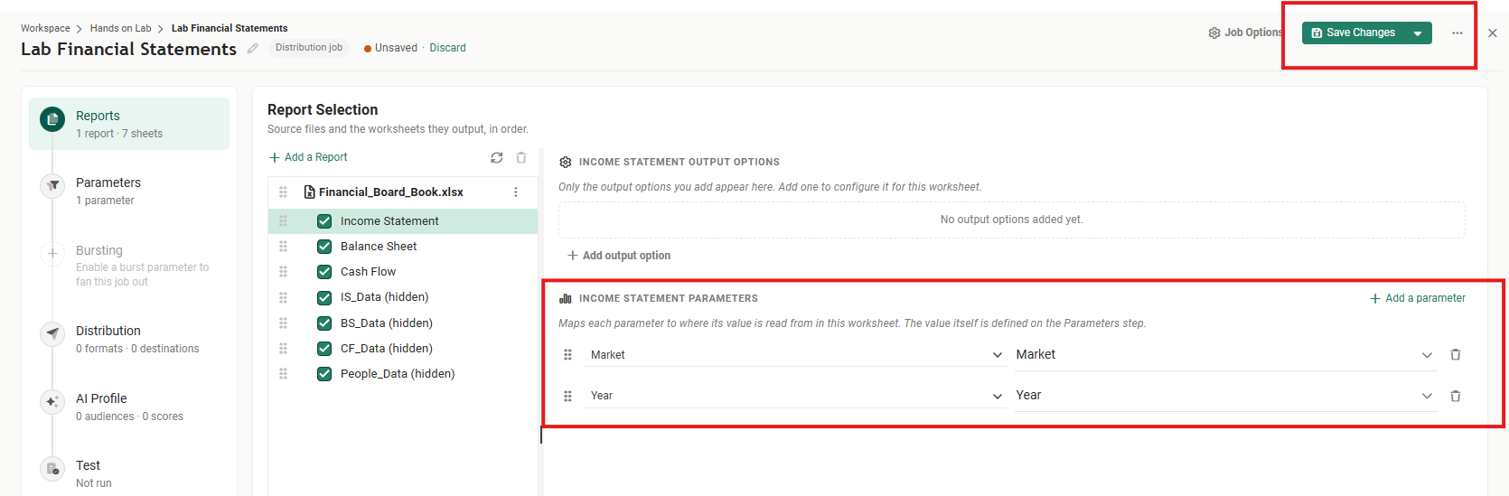 The Income Statement Parameters section outlined in red with two rows, Market mapped to Market and Year mapped to Year, and the Save Changes button outlined at the top right