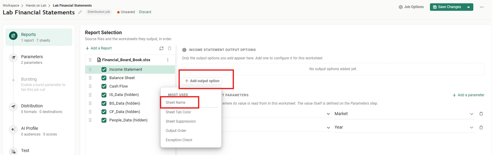 The Add output option button outlined in red, with its menu open under the heading Most used, listing Sheet Name (outlined), Sheet Tab Color, Sheet Suppression, Output Order and Exception Check