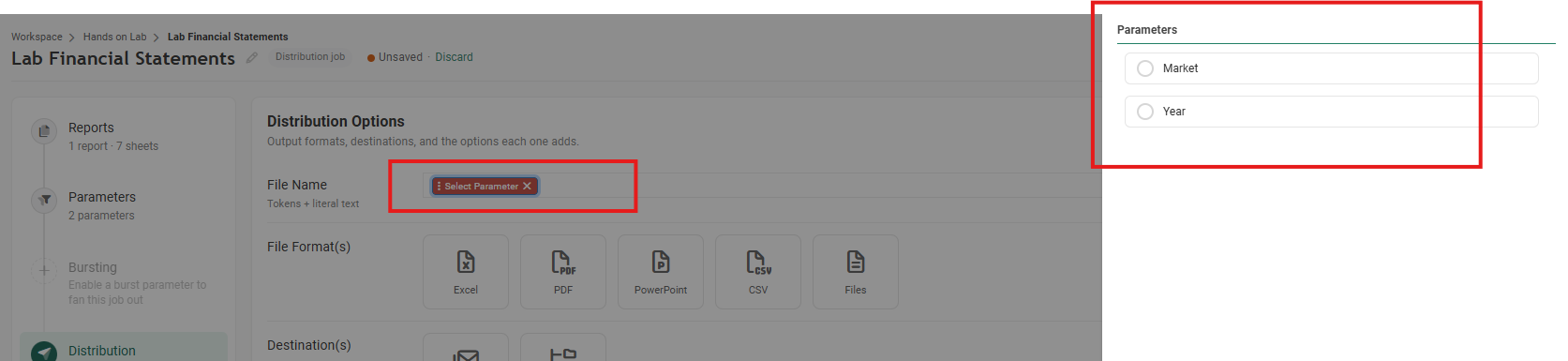 The File Name box holding a red Select Parameter pill, outlined, and the Parameters panel open on the right offering Market and Year