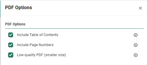 The PDF Options panel with Include Table of Contents, Include Page Numbers and Low-quality PDF (smaller size) all ticked