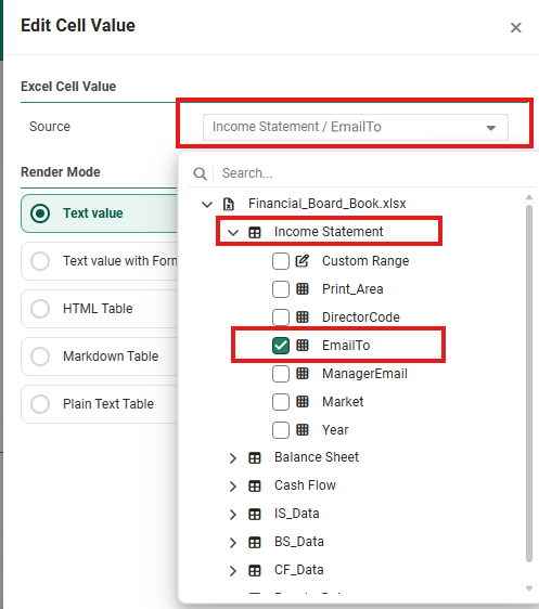 The Edit Cell Value panel with the Source tree expanded to Financial_Board_Book.xlsx, Income Statement, listing Custom Range, Print_Area, DirectorCode, EmailTo, ManagerEmail, Market and Year, with the Income Statement node and the ticked cell outlined in red, and Render Mode set to Text value