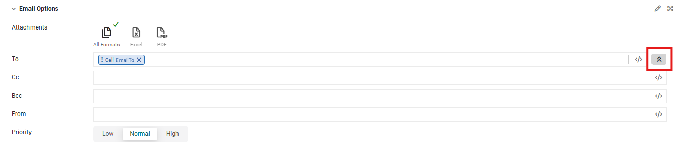 The Email Options section expanded, showing Cc, Bcc and From boxes and the Priority buttons Low, Normal and High with Normal selected, and the collapse chevron outlined in red