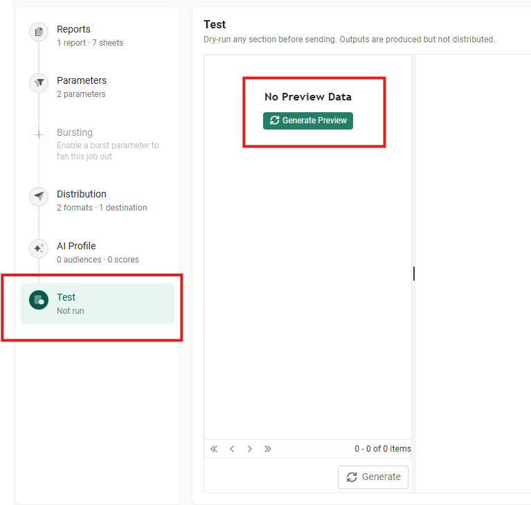 The Test step outlined in red in the step list, with the Test panel reading Dry-run any section before sending. Outputs are produced but not distributed, and the No Preview Data message and Generate Preview button outlined
