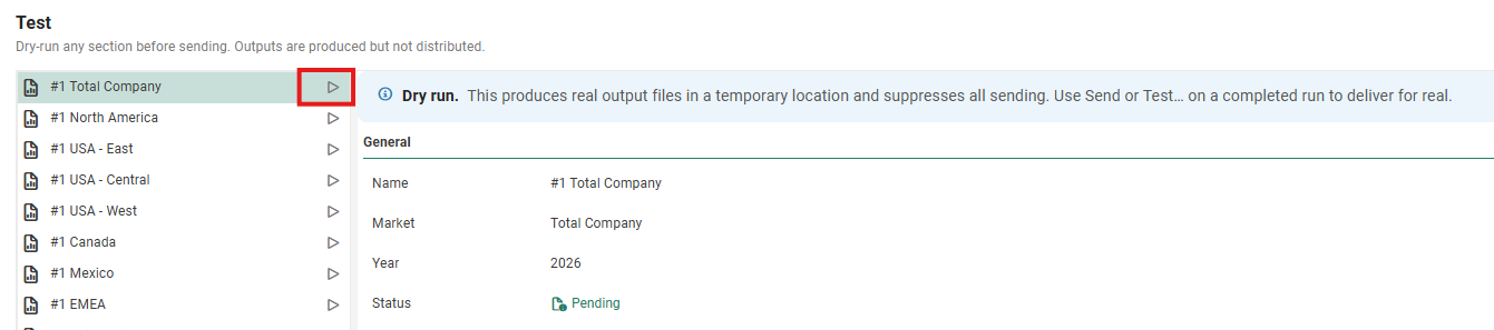 The top of the preview list with the Run button on the Total Company row outlined in red, and the Dry run notice at the top of the details panel