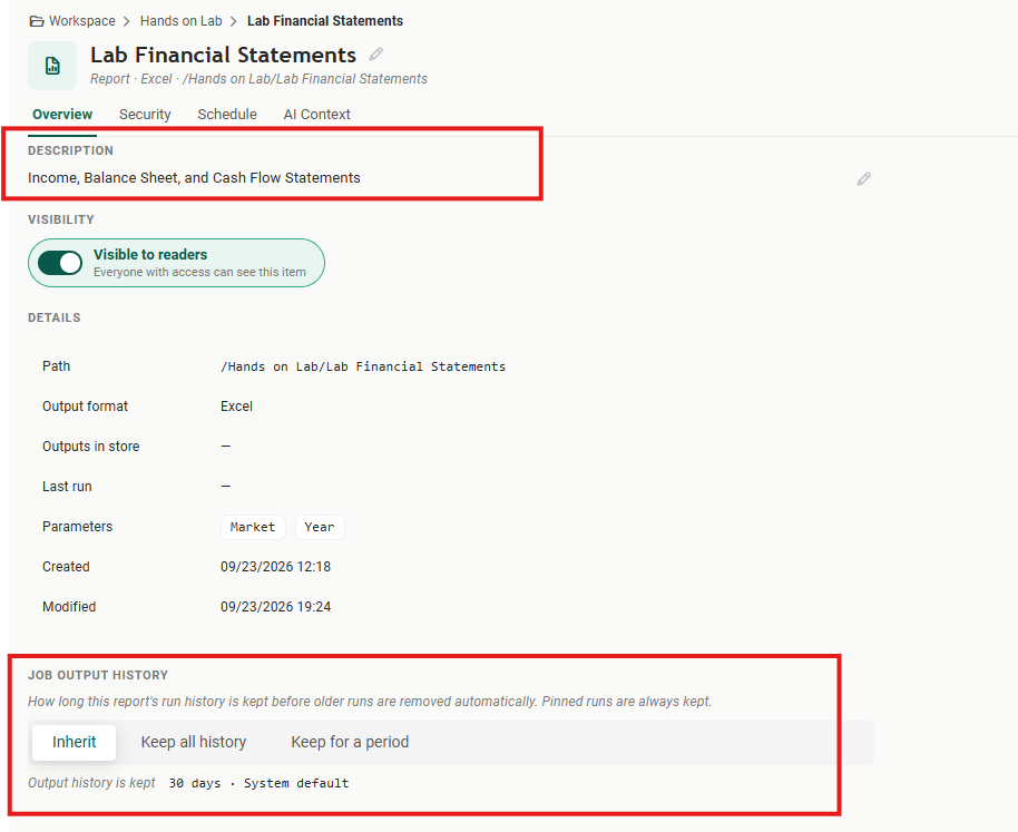 The Lab Financial Statements properties on the Overview tab, with the Description Income, Balance Sheet, and Cash Flow Statements outlined in red, Visibility on Visible to readers, the Details list (Path, Output format, Outputs in store, Last run, Parameters Market and Year, Created and Modified), and the Job Output History section outlined, set to Inherit, which keeps output history 30 days by the system default