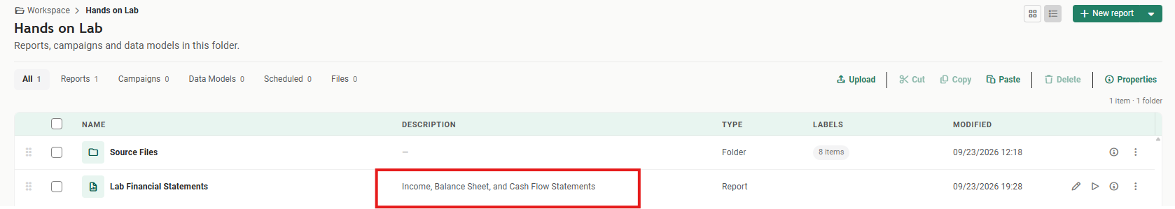 The Hands on Lab folder with the Lab Financial Statements row now showing the description Income, Balance Sheet, and Cash Flow Statements, outlined in red