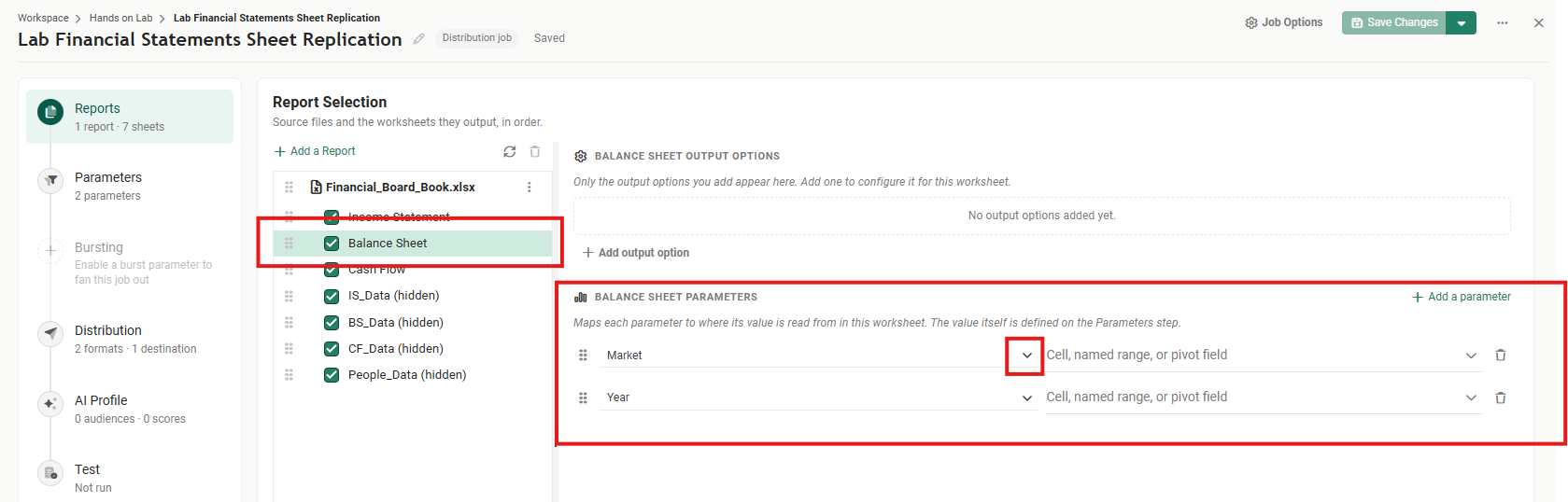The Reports step with Balance Sheet selected and outlined in the Report Selection panel, No output options added yet under Balance Sheet Output Options, and the Balance Sheet Parameters section outlined in red with two rows, Market and Year, each with an empty Cell, named range, or pivot field box, and the drop-down on the Market row outlined