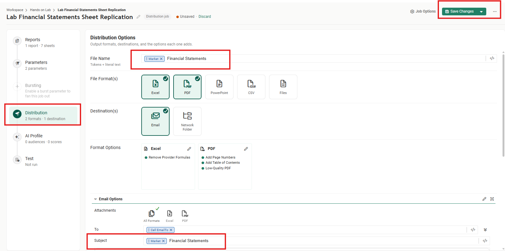 The Distribution step outlined in red, with the File Name box and the Subject row each outlined, each holding a Market pill followed by Financial Statements, the Excel and PDF formats and the Email destination still ticked, and Save Changes outlined at the top right