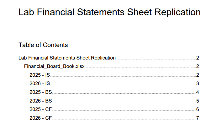 The PDF's table of contents: Lab Financial Statements Sheet Replication, then Financial_Board_Book.xlsx under it, then 2025 - IS, 2026 - IS, 2025 - BS, 2026 - BS, 2025 - CF and 2026 - CF, on pages 2 to 7