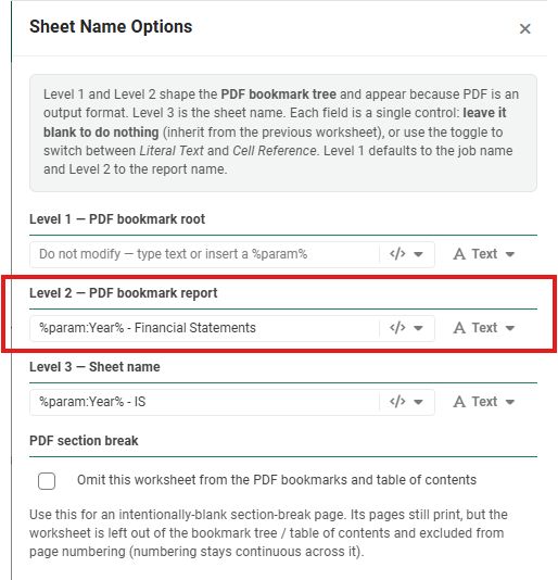 The Sheet Name Options panel for the Income Statement, with Level 1 blank, Level 2 reading %param:Year% - Financial Statements and outlined in red, Level 3 reading %param:Year% - IS, and the PDF section break checkbox unticked