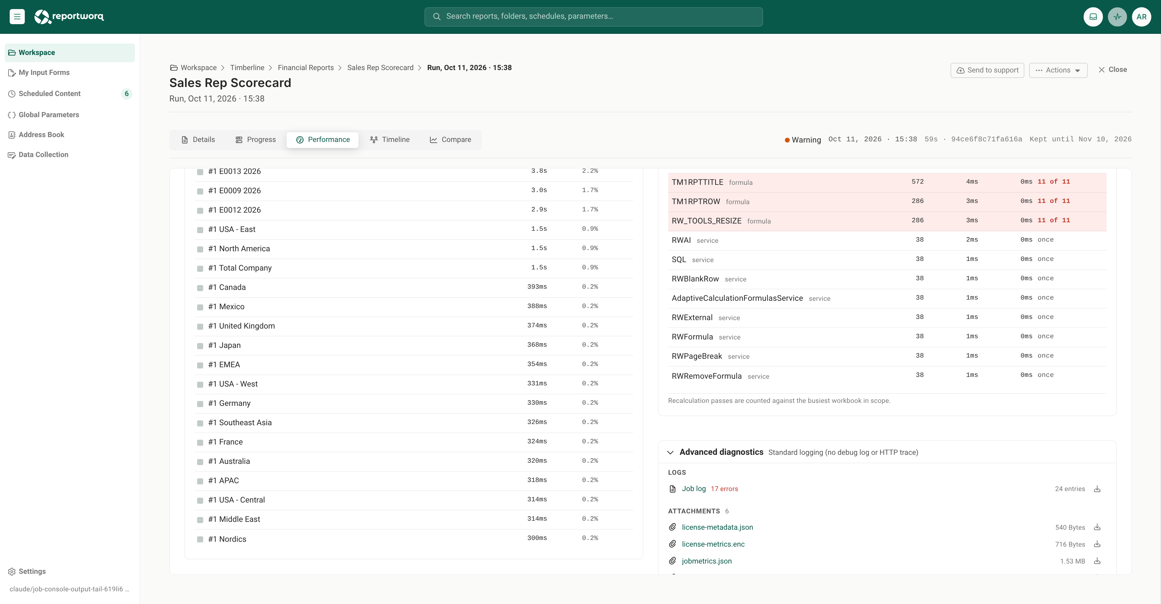 Advanced diagnostics open under the Engines table, listing the job log and the run's attachments, each with a download button