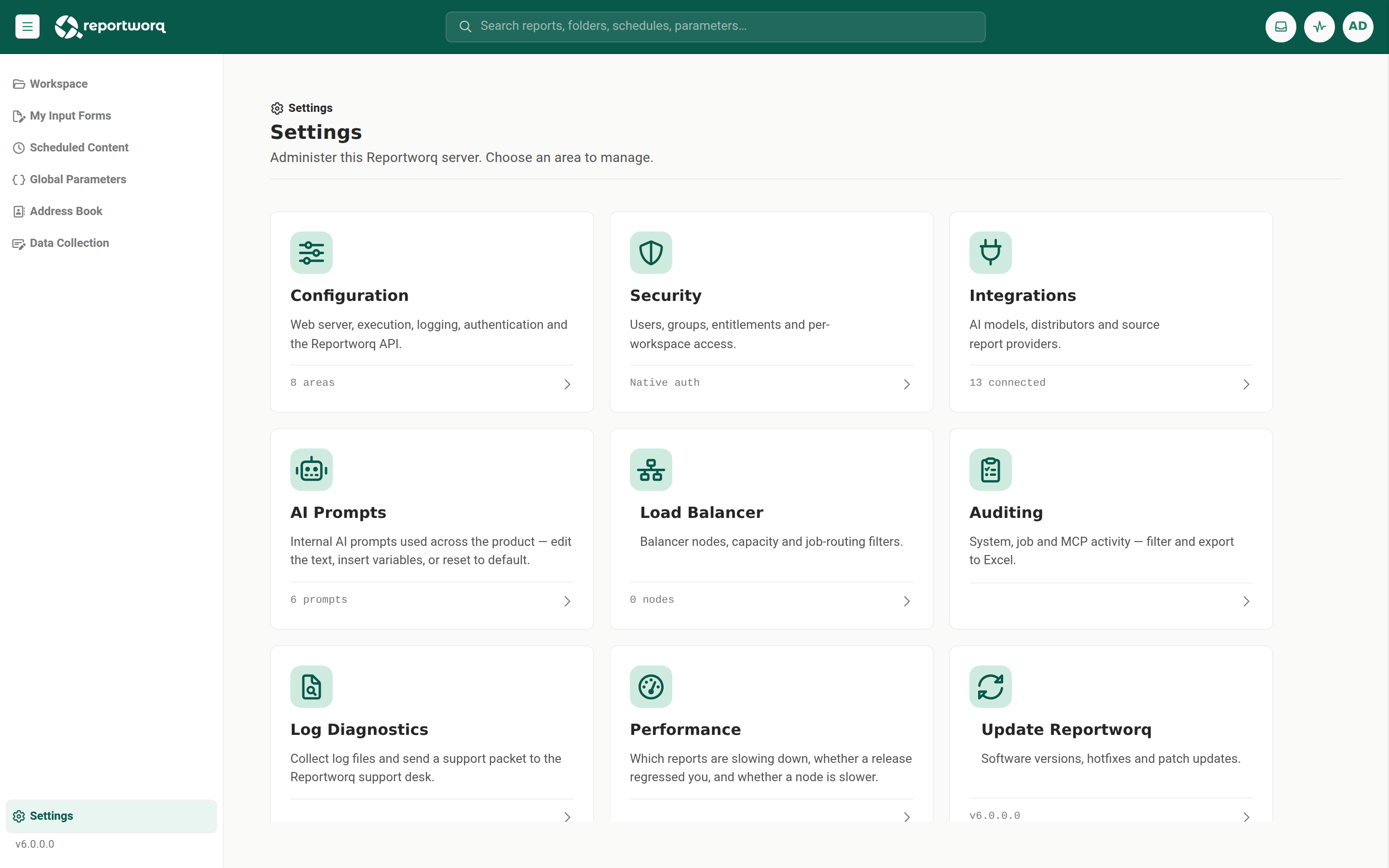 The Settings landing page, one card per administration area: Configuration, Security, Integrations, AI Prompts, Load Balancer, Auditing, Log Diagnostics, and Update Reportworq