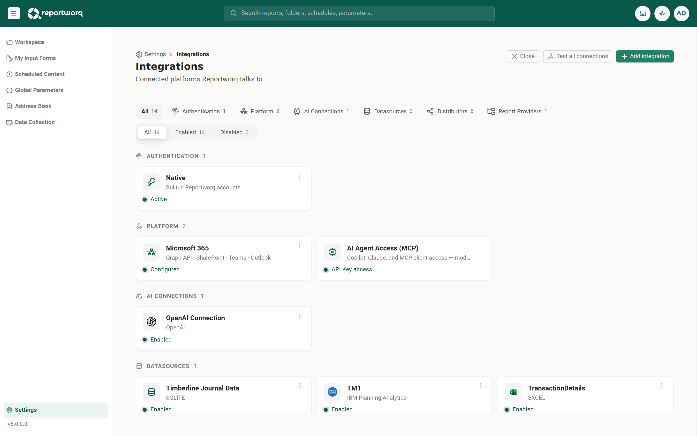 The Integrations screen, with connected integrations grouped by type and the type and status filters, Test all connections, and Add controls