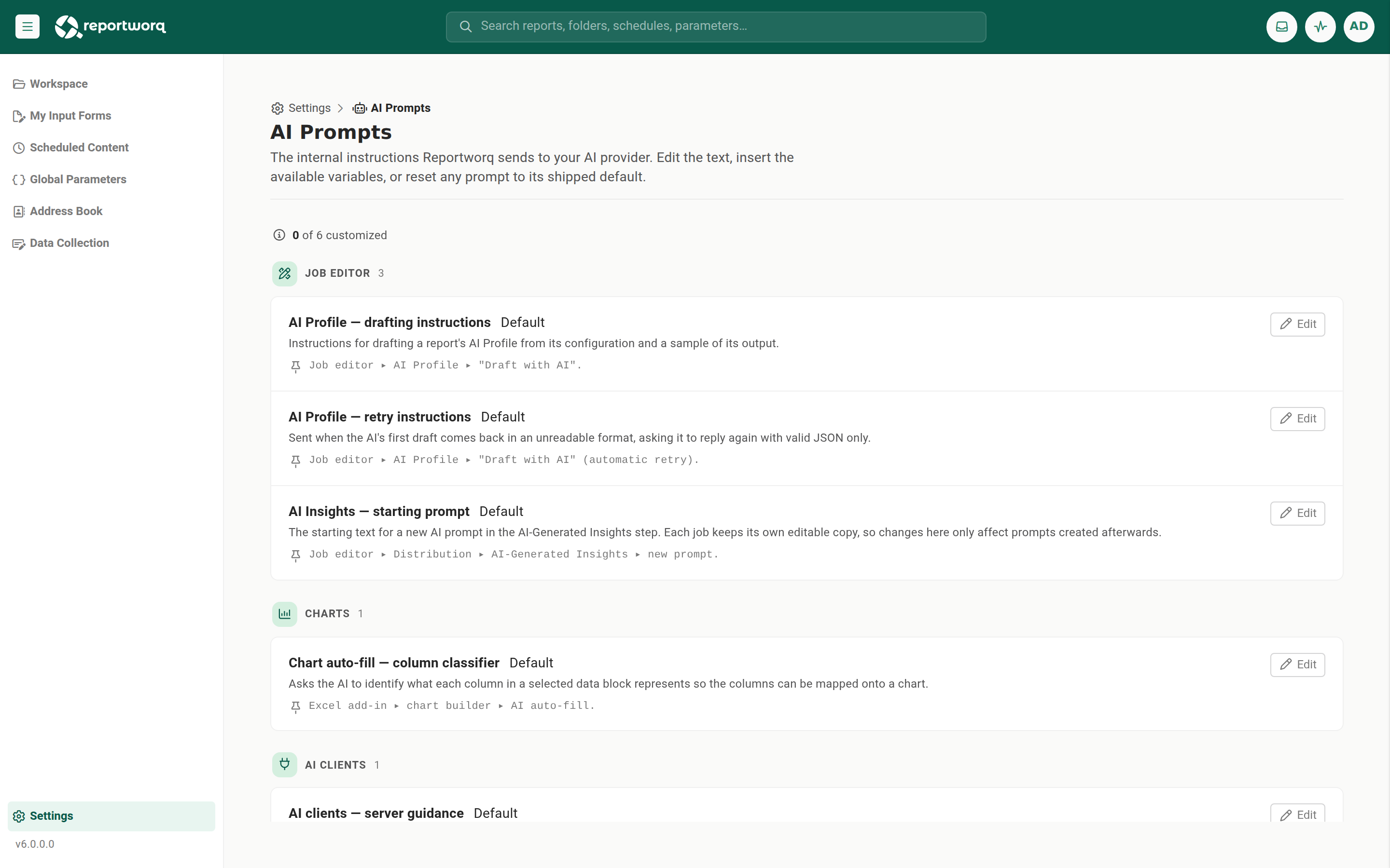 The AI Prompts screen in Settings, one row per editable prompt