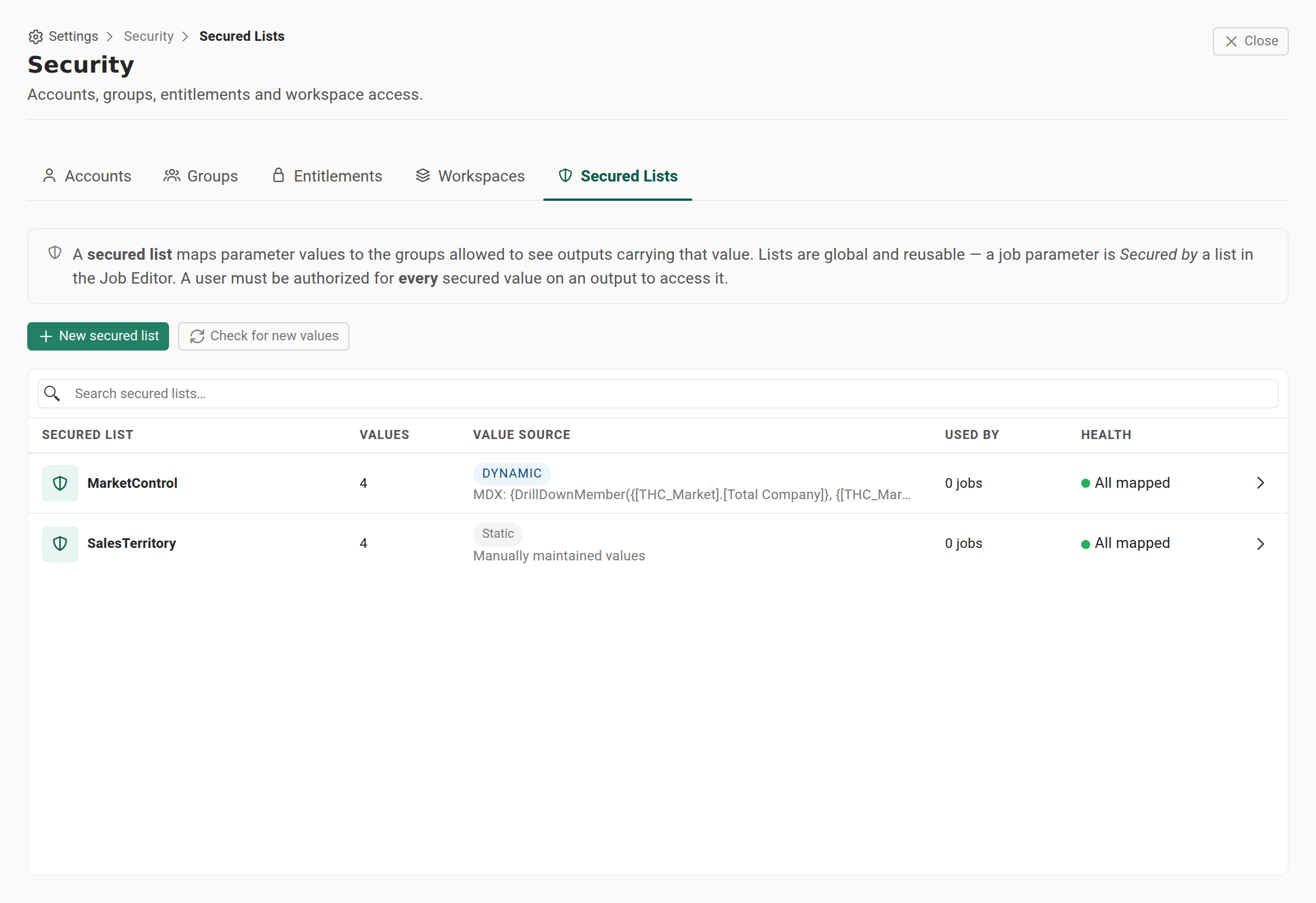 The Settings ▸ Security screen with the five-tab strip (Accounts, Groups, Entitlements, Workspaces, Secured Lists) and the Secured Lists tab selected