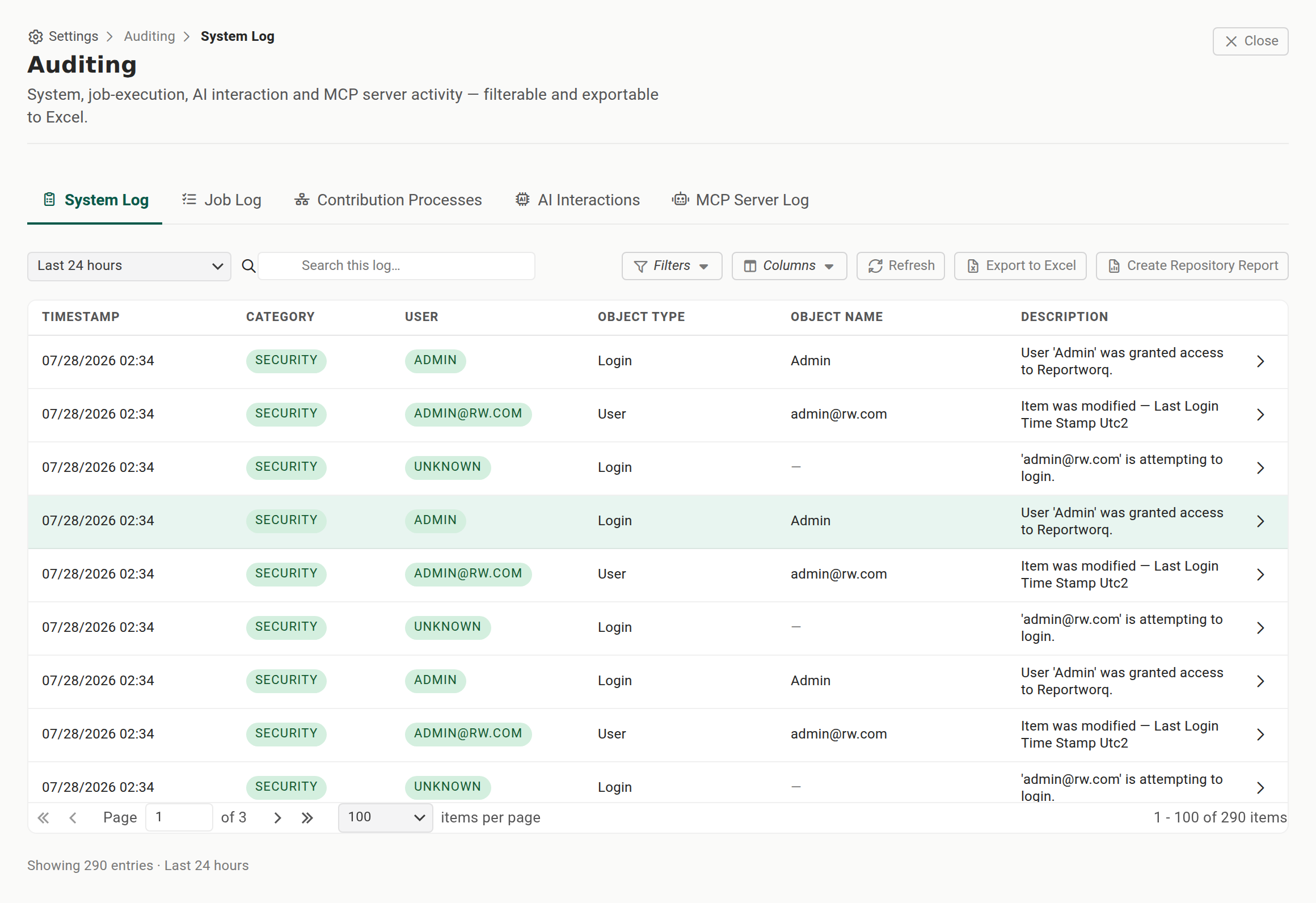 The Settings ▸ Auditing ▸ System Log toolbar with the Create Repository Report button