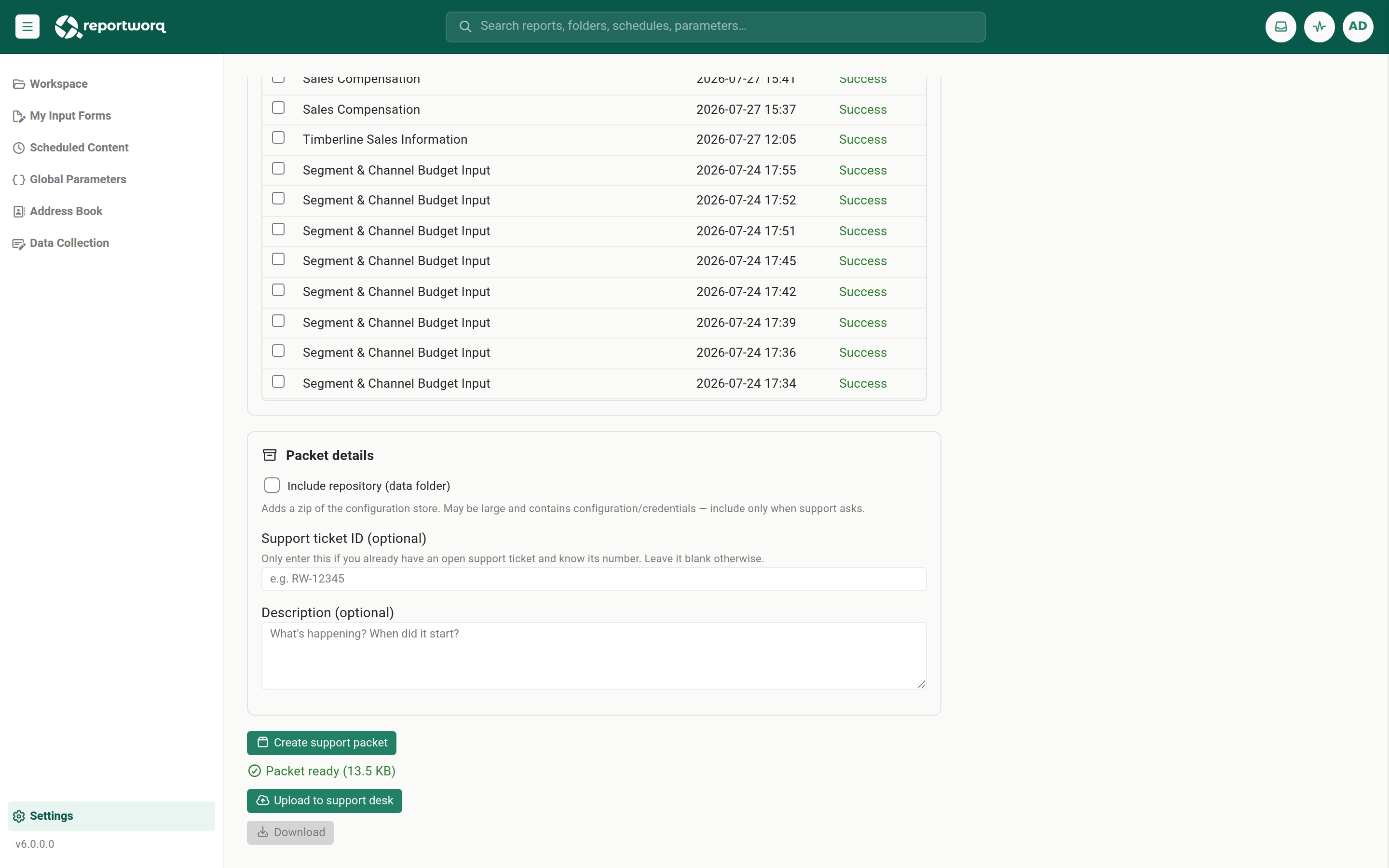 Log Diagnostics after building a support packet, showing the finished packet with the Upload to support desk and Download buttons