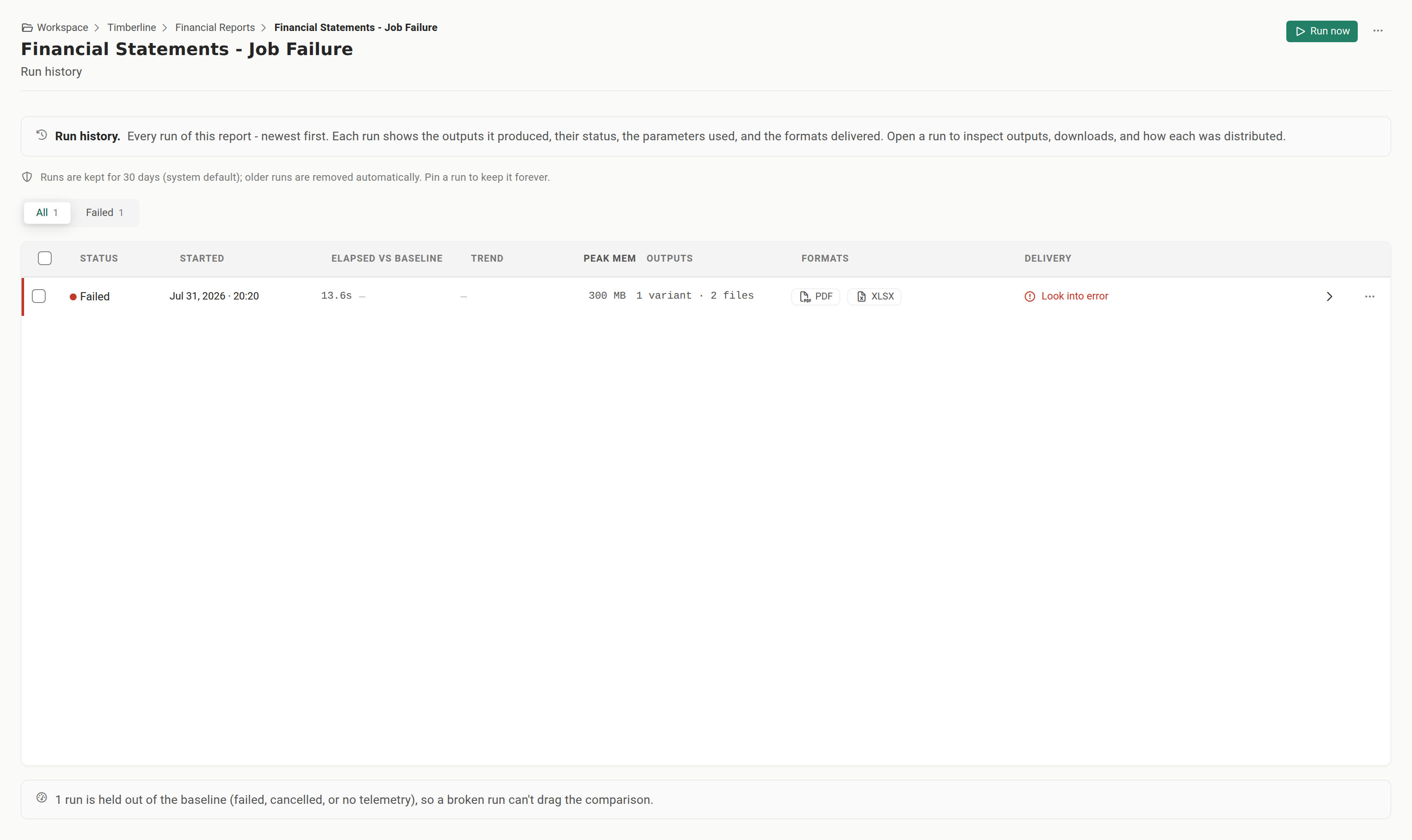 A failed run's card in Run History, showing the error summary with the Run again and Send logs to support actions