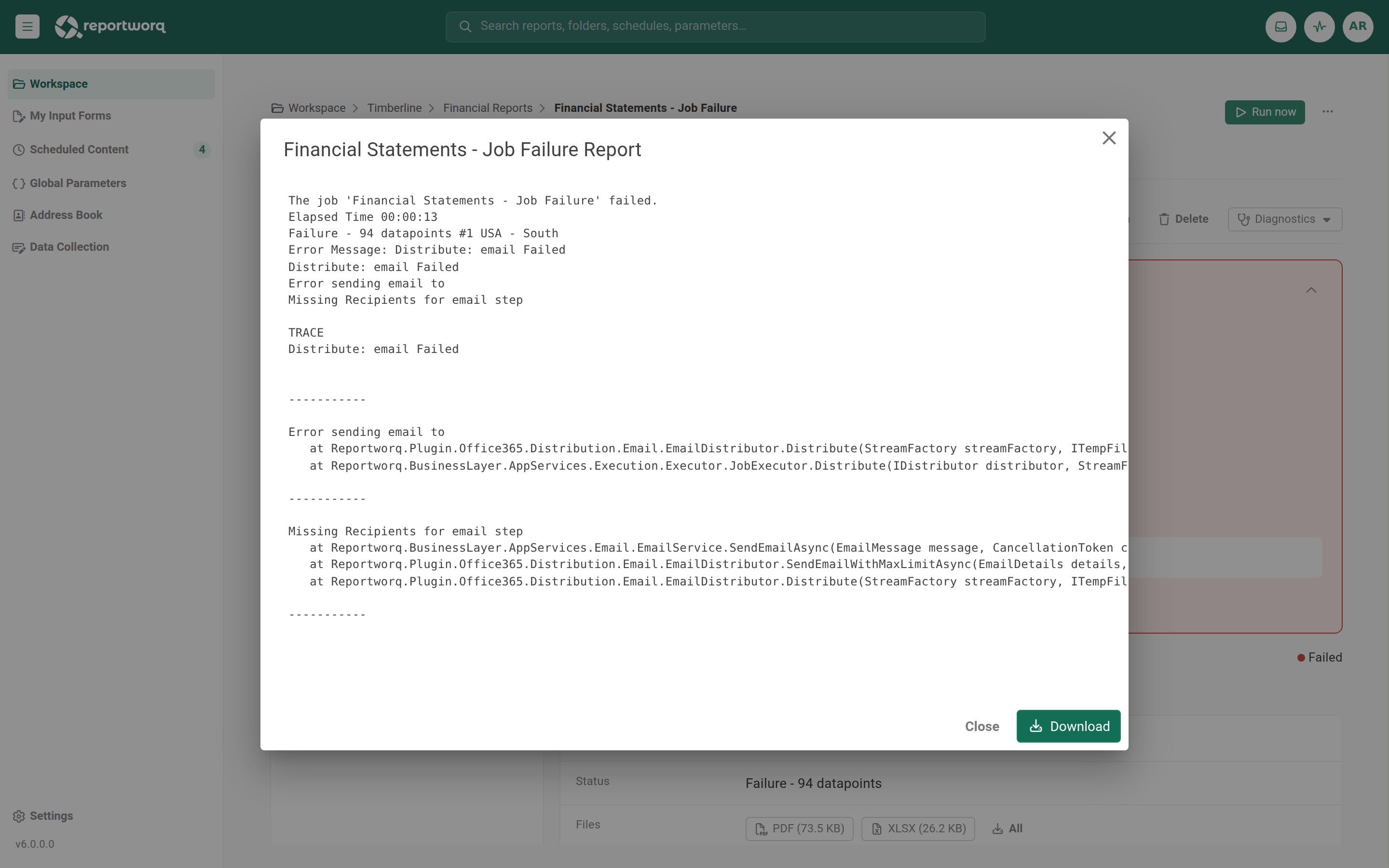 The log summary for a failed run, with its Download action