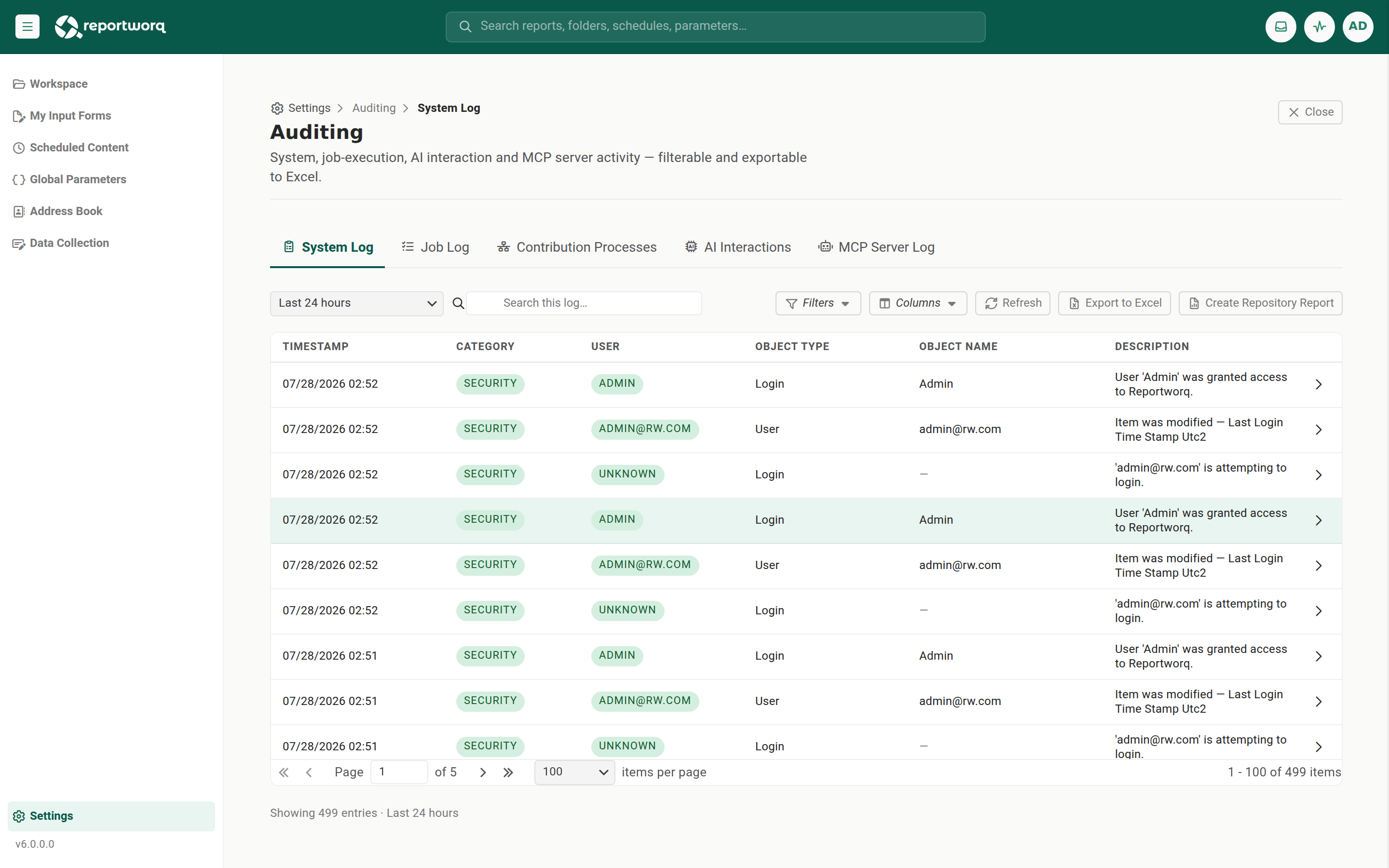 The System Log tab of Settings > Auditing, with the tab strip, the date-range and Filters controls, the column picker, and Refresh, Export, and Create Repository Report