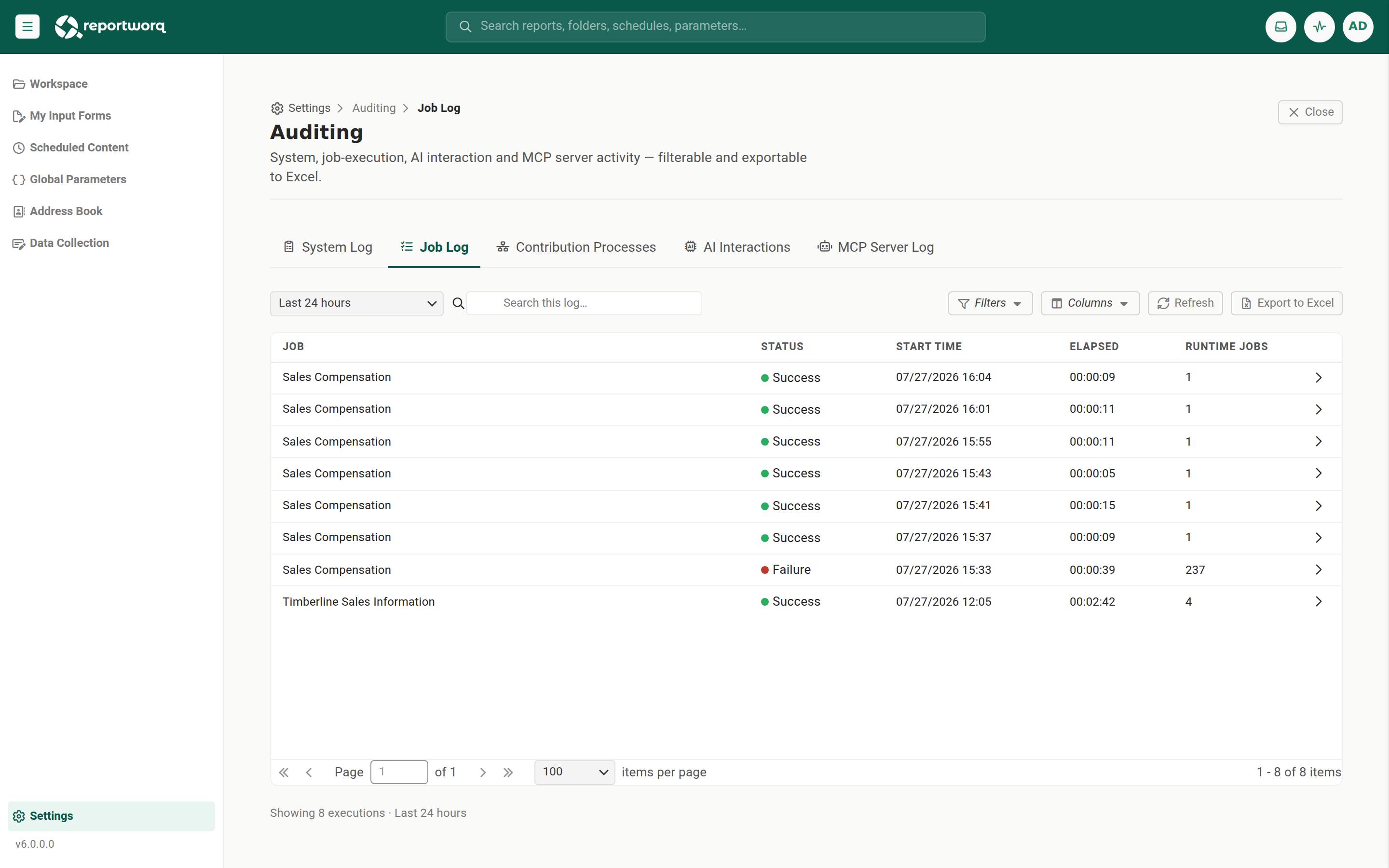 The Job Log tab, one row per job execution with its status