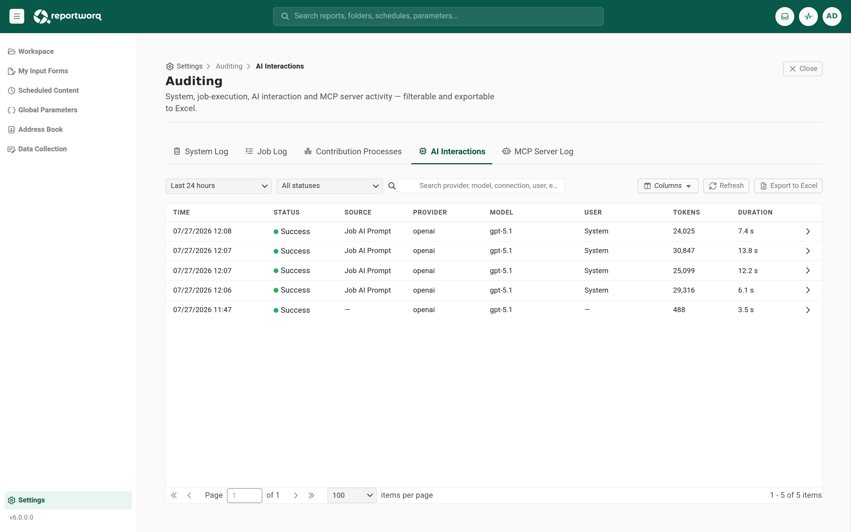 The AI Interactions tab, listing each provider call with its status, source, provider, model, user, token count, and duration