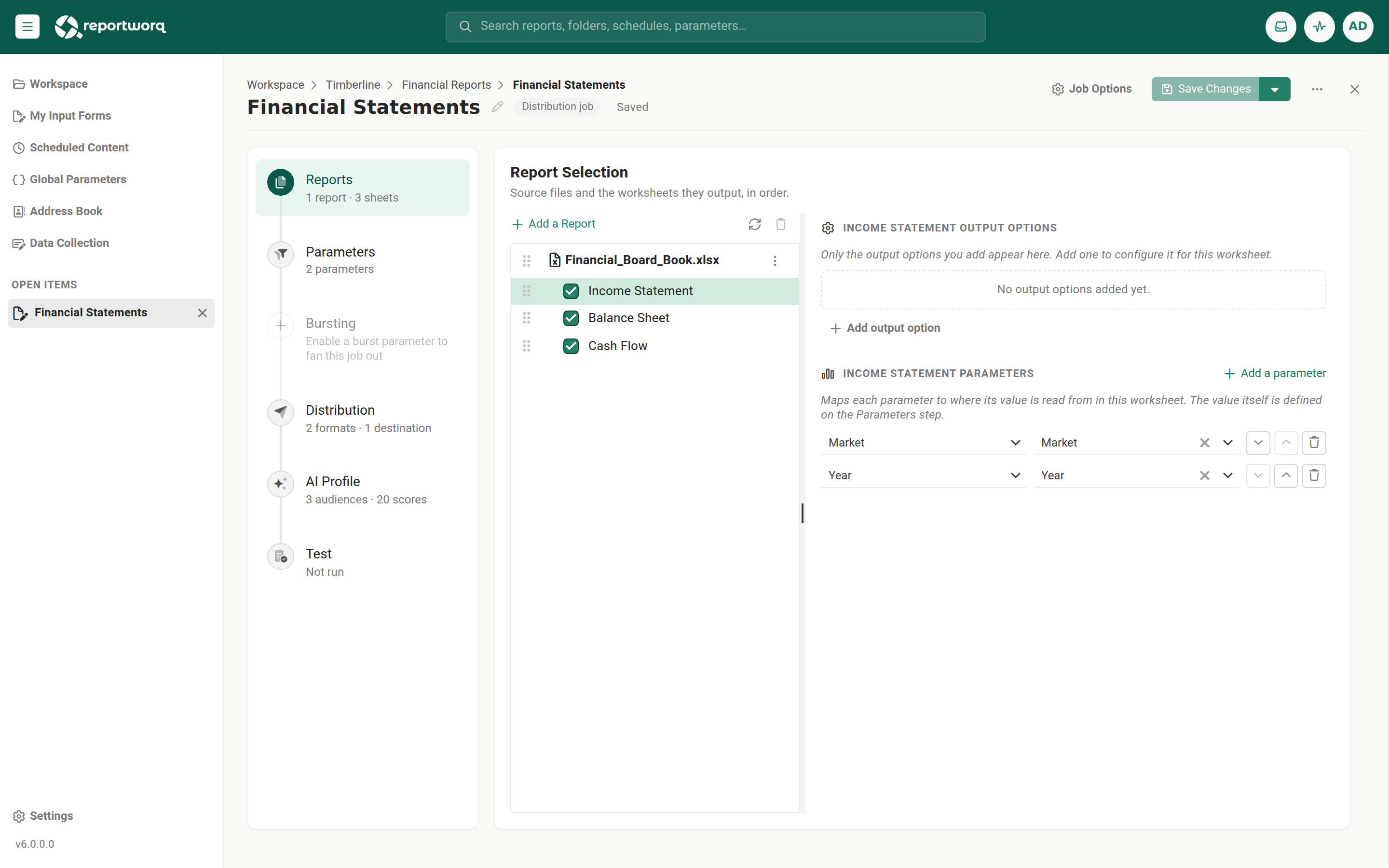 The Reports step with worksheets listed