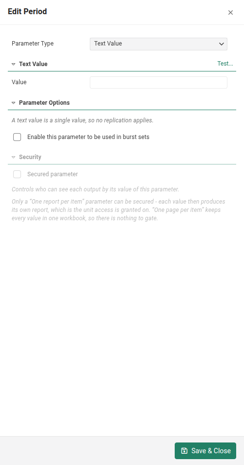 A Text Value parameter: the replication area is hidden and a note explains that no replication applies