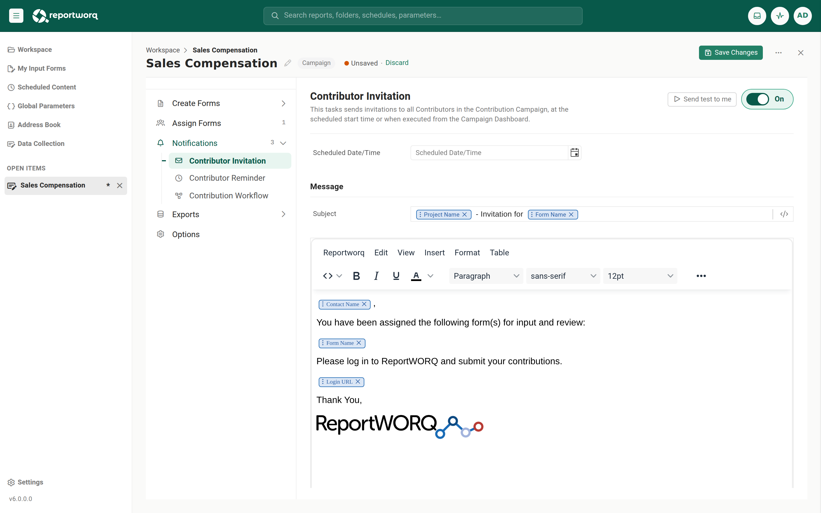 The Contributor Invitation notification template open in the campaign editor