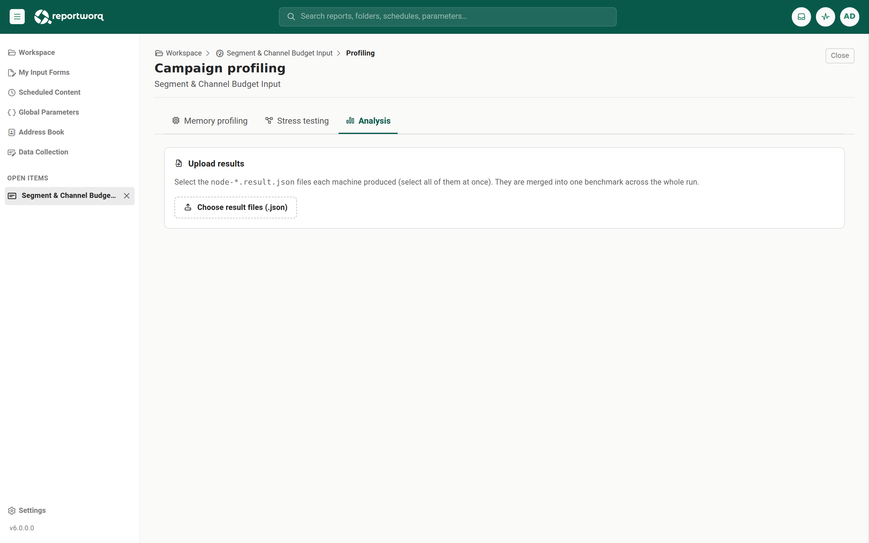 The Analysis tab after uploading node result files