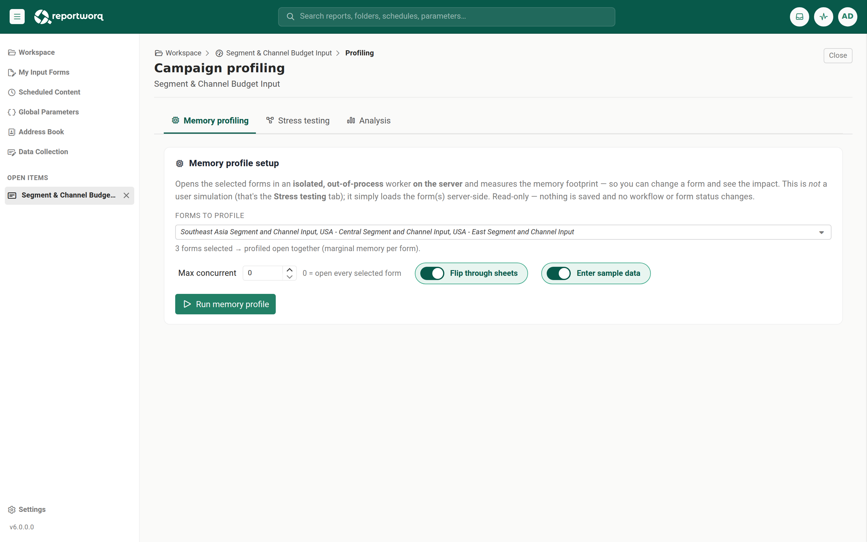 The Memory profiling tab with the forms picker and run options