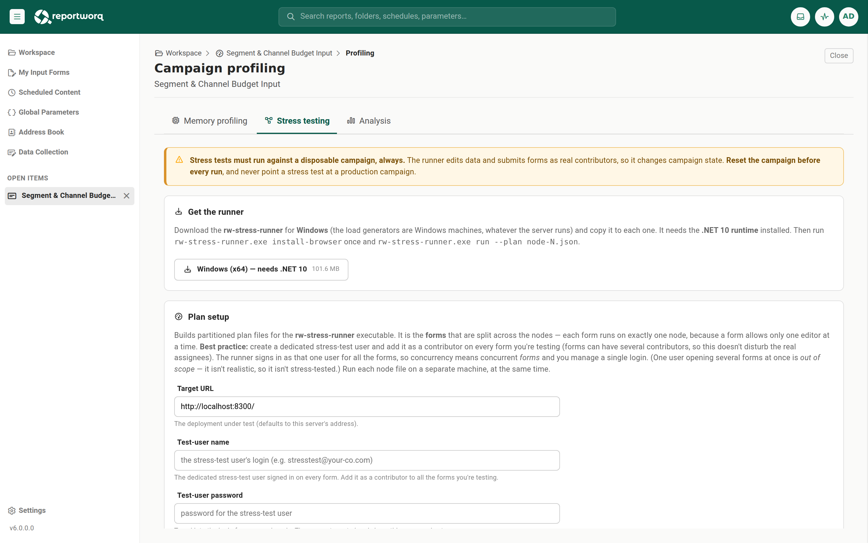The Stress testing tab: the disposable-campaign warning and the Windows runner download