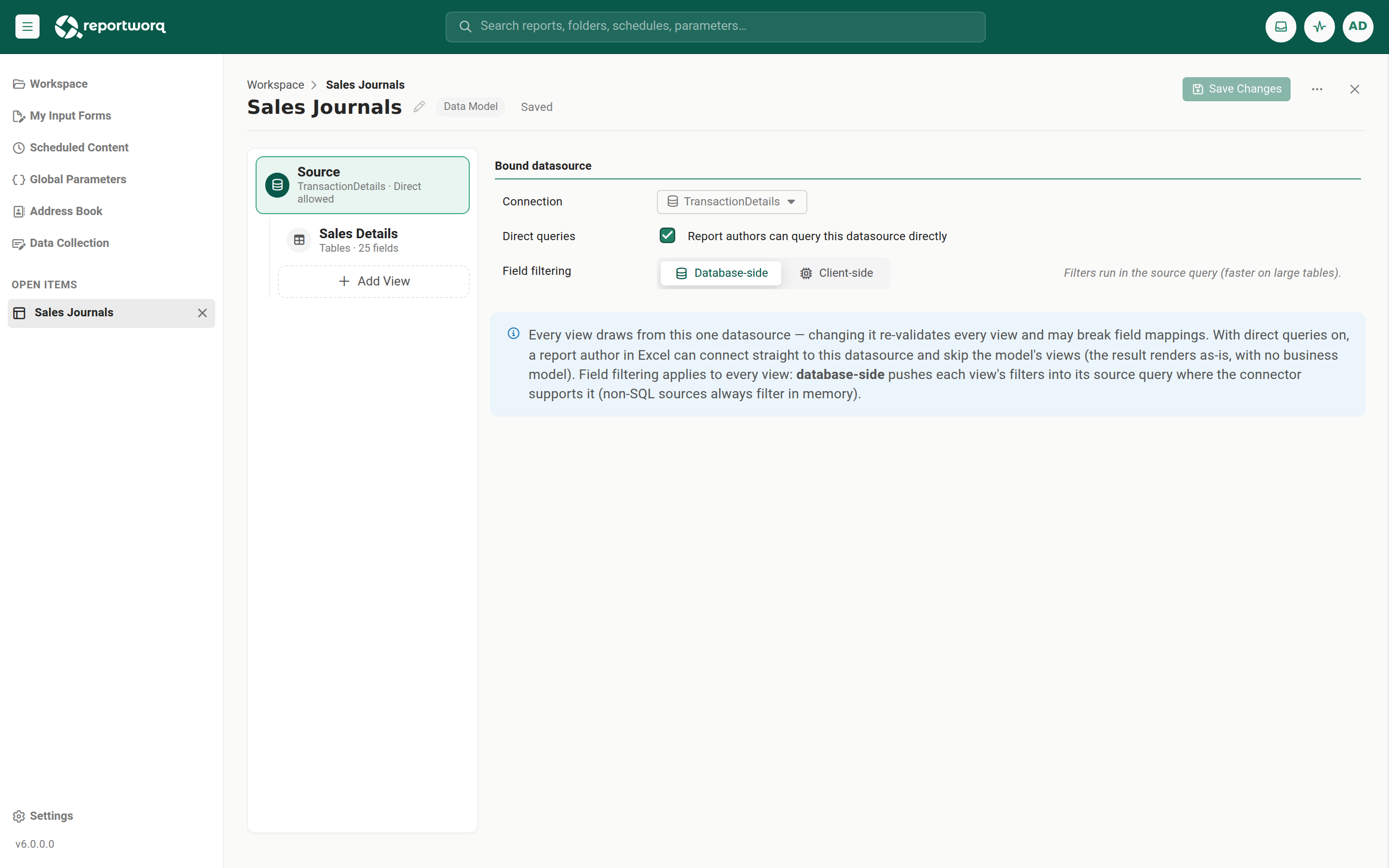 The data model Source tab