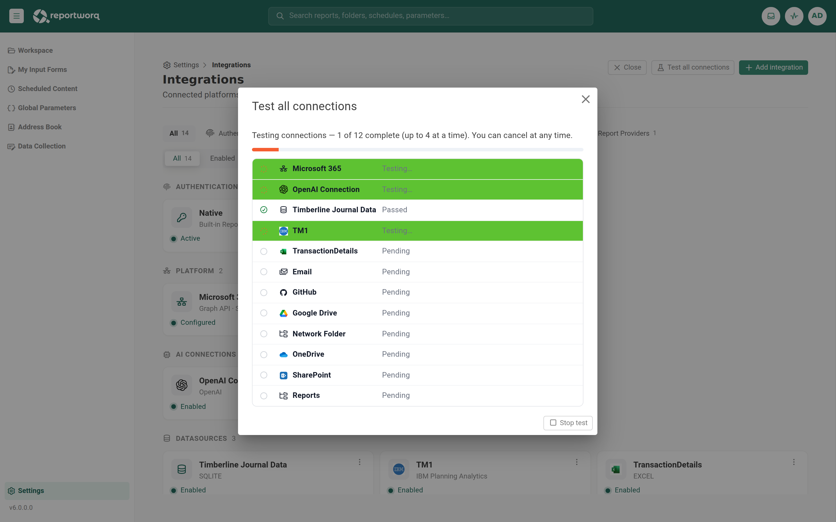 The Integrations Test all connections dialog reporting the result of each configured connection
