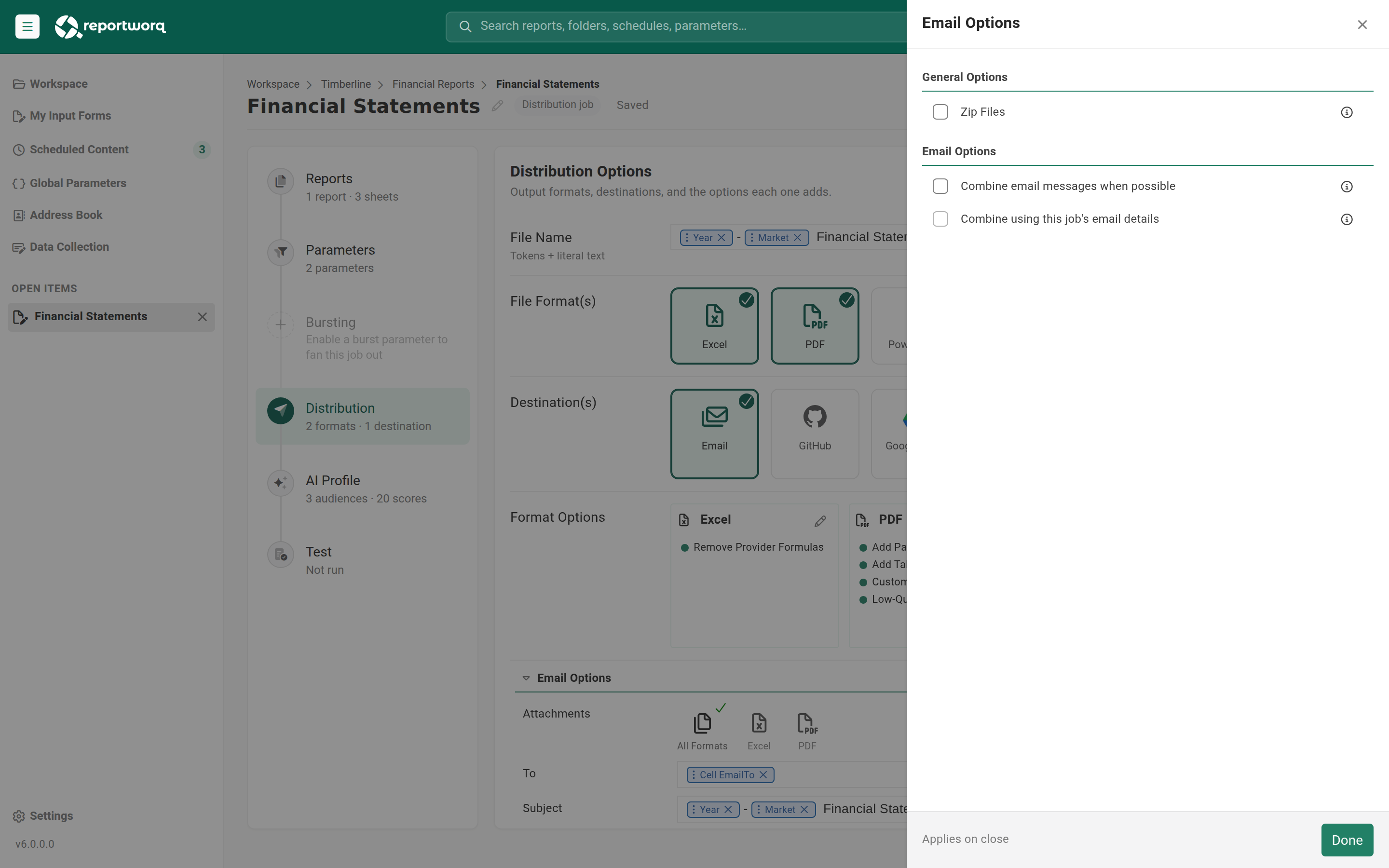 The Email distributor's options sidebar, showing Zip Files under General Options and the two combine settings under Email Options