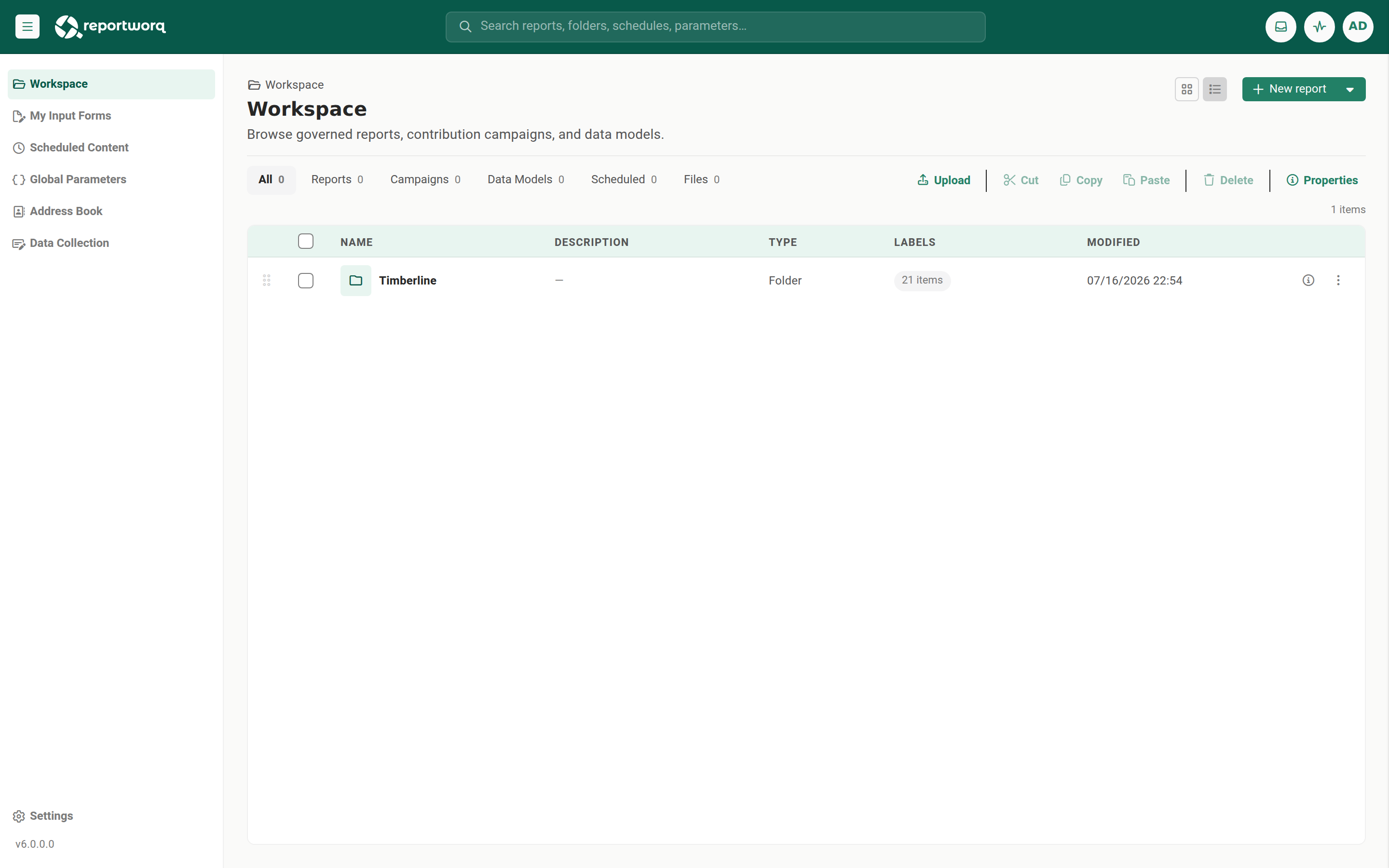 The Reportworq Workspace browser after sign-in